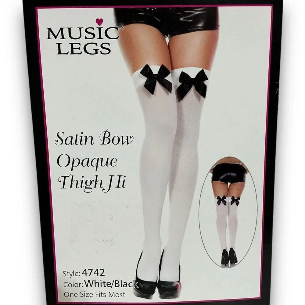Music Legs White with Black Satin Bow Opaque Thigh Hi Pantyhose Tights